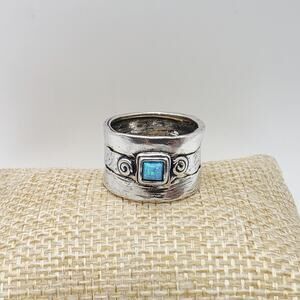 Didae Israel Wide Band Sterling Silver Ring Blue Opal Size 8 - 7.27g